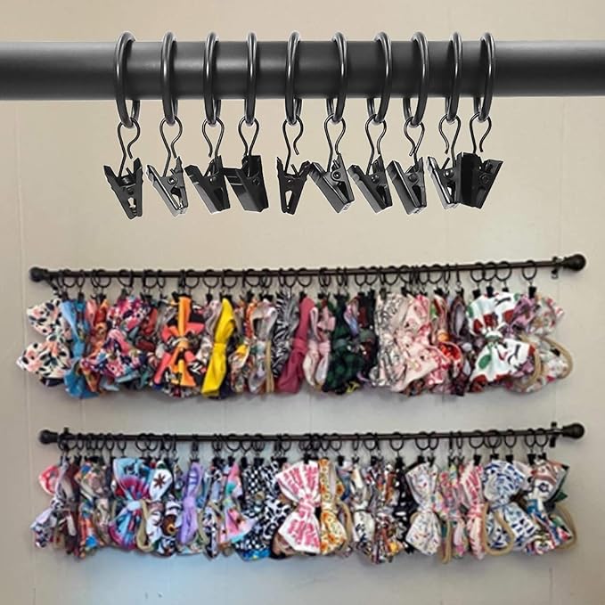 LLPJS 44 Pack Curtain Rings Hooks, Hanger Clips for Hanging Drapery Drapes Bows, 1 inch Interior Diameter, Fits up to 5/8" Rod, Black