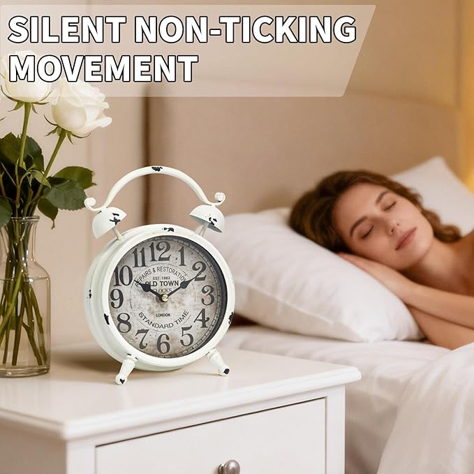 Vintage White Desk Clock with Distressed Finish, Rustic Farmhouse Table Clock, Silent Non-Ticking Mantel Clock for Bedroom, Living Room, or Shelf, Battery Operated