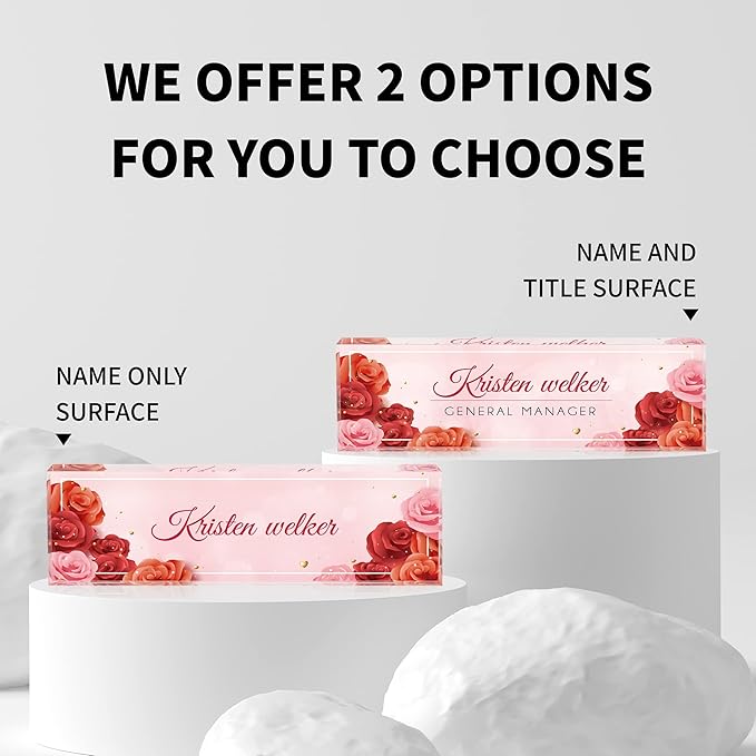Personalized Name Plates for Desk, Premium Clear Acrylic Desk Name Plate, Custom Name Plate Office Decor for Women, Employee Appreciation Gifts (Red Rose)