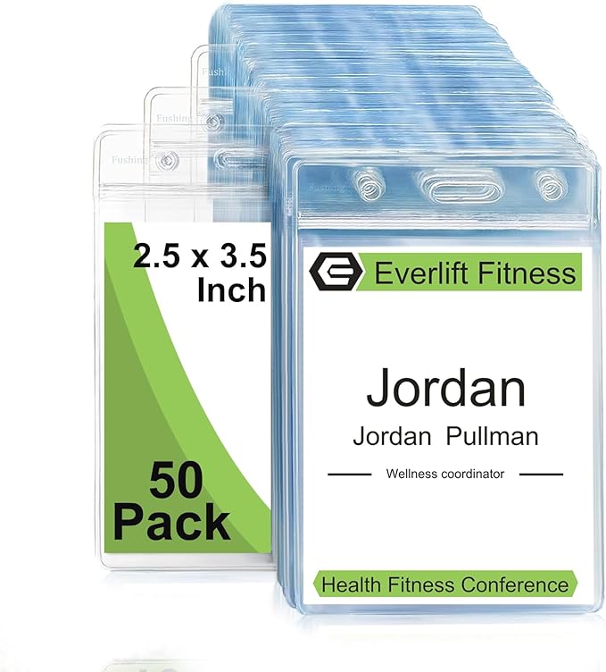 Fushing Pack of 50 Clear Plastic Vertical Badge Holders, Name Tag Holders, Card Holders (M)