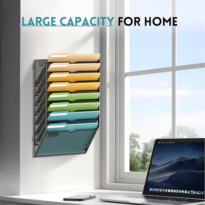SUPEASY 8-Tier Wall File Organizer Mesh Office Mail Holder, Hanging Wall Organizer Magazine Rack for Office Black