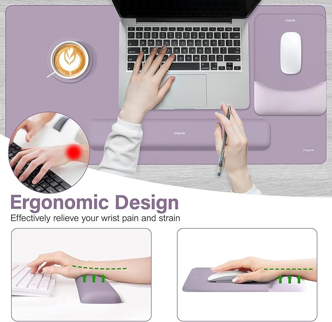 MOSISO Keyboard Mouse Pad Set, Large Gaming Mouse Pad&Rectangular Keyboard Wrist Rest&Mousepad with Wrist Rest&Coaster, Ergonomic Non-Slip&Easy Typing Pad with Curved Silicone Lining, Purple