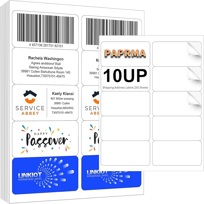 PAPRMA 2" x 4" Shipping Address Label for Laser Inkjet Printer 250 Sheets, 8.5x11 Printable Sticker 10up/Page, 5163 White Adhesive Mailing Labels for Package Envelope