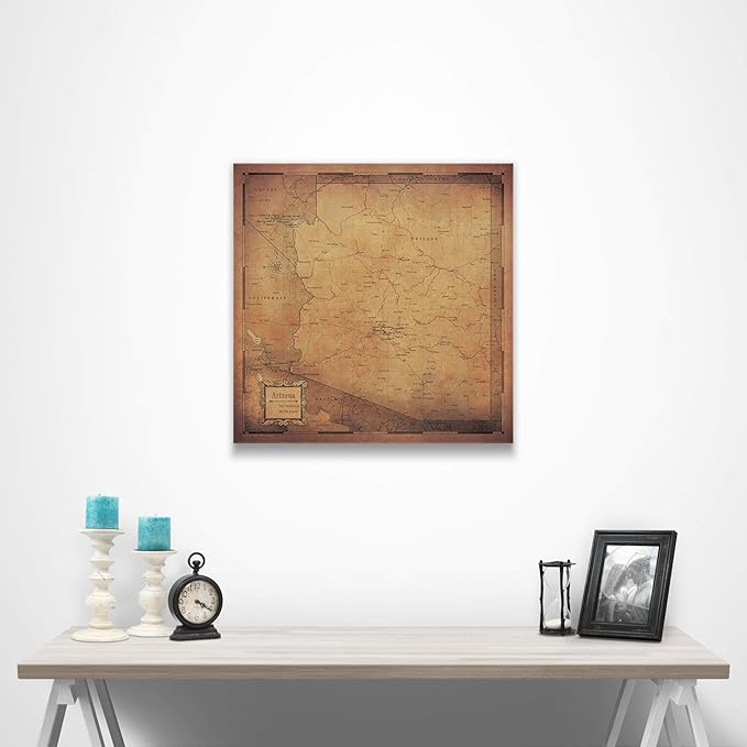 Conquest Maps Push Pin Arizona Map Board - With Push Pins to Mark Travel - Handmade in Ohio, USA - Design: Golden Aged