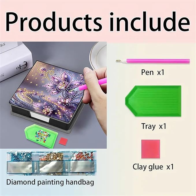 Flower Diamond Painting Note Box Memo Pad Holder, Diamond Art Sticky Notes Organizer for Desk, Aesthetic Stationery Storage Case for Office,School Supplies (Flower)