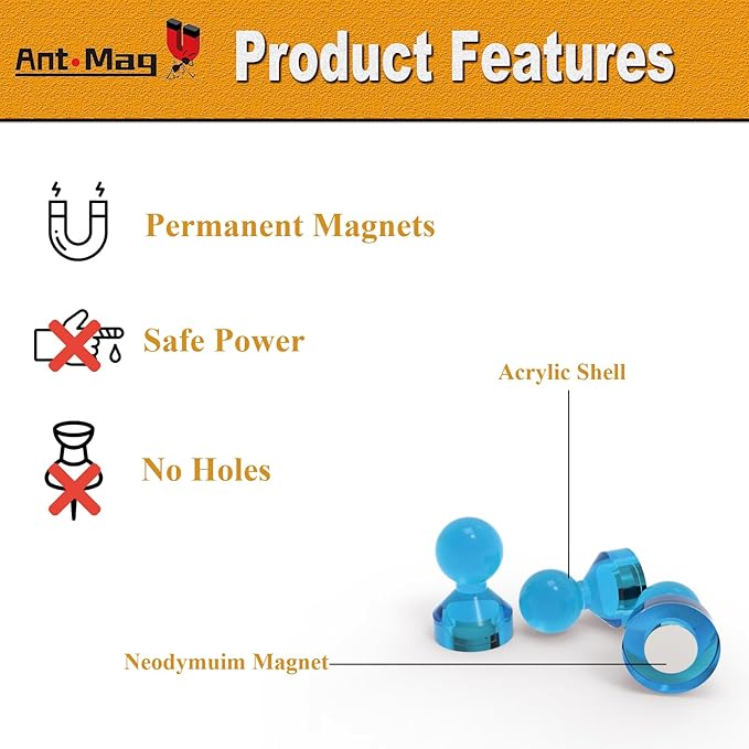 Ant Mag Magnetic Push Pins, 72 Pack Strong Whiteboard Magnets for Fridge, Maps, Office, Kitchen & Classroom Blue