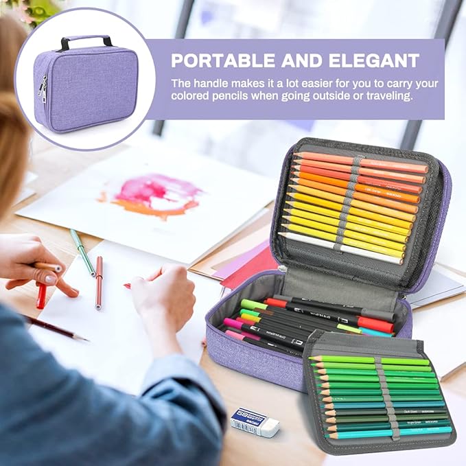 Large Capacity Pencil Case, 72 Slots Colored Pencil Pouch Bag Portable Pencil Holder Stationery Organizer with Compartments for Office and Travel, Purple