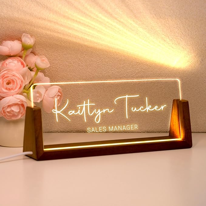 Desk Name Plate Personalized, Custom Office Light Up Name Plate for Desks, Desk Decorations for Women Men Office, Employee Appreciation Gifts for Coworkers (A-Text Only)