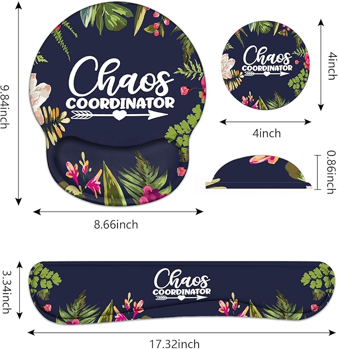 Keyboard Wrist Rest and Mouse Pad Wrist Support Set with Coasters, Chaos Coordinator Quotes Colored Floral Wreath Print Wrist Support Mouse Pad with Non-Slip PU Base for Computer Laptop Home Office