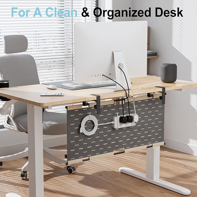 2-in-1 Under Desk Cable Management Tray & Privacy Panel, Dual-Sided Felt Cord Organizer to Hide Wires and Clutter, Desk Mount Cord Holder for Office and Home, Clamp or Screw Mount (Khaki/Gray, 30")