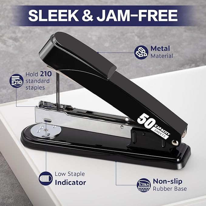 Deli Stapler Heavy Duty, Full Strip Staplers for Desk with 2000 Staples and Staple Remover, 50 Sheet Capacity, No Jam, Non-Slip Office Stapler with Staples for Office, Classroom, Black