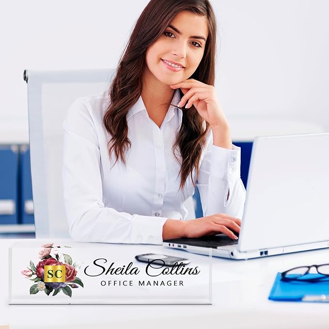 Custom Acrylic Name Plate for Desk, Employee Appreciation Gifts, Office Decor, Personalized, Funny Gifts for Coworkers, Boss, Teacher (Flower A)