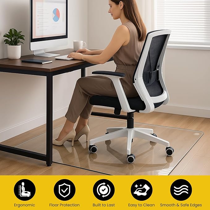 VASUHOME Premium Tempered Glass Chair Mat, 46 x 55 Inch Large Office Floor Mat for Carpet or Hardwood Floors, 1/5" Thick with 12 Anti-Slip Pads
