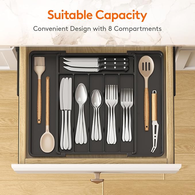 Lifewit Silverware Drawer Organizer, Expandable Utensil Tray for Kitchen, BPA Free Flatware and Cutlery Holder, Adjustable Plastic Storage for Spoons Forks Knives, 10.9"-17.5" x 13.7", Black