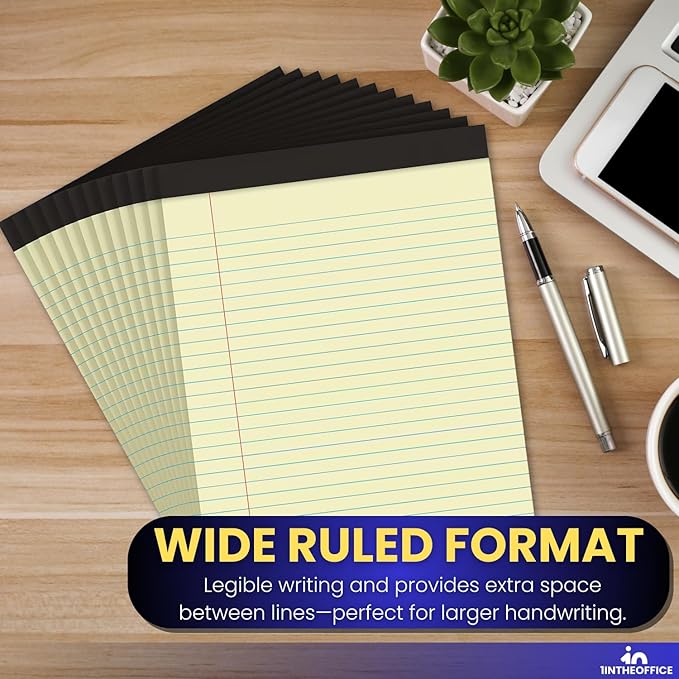 1InTheOffice Yellow Legal pads 8.5 x 11, Perforated Wide Ruled Writing Pads, Yellow Legal Pads 50 Sheets per Notepads, 12/Pack
