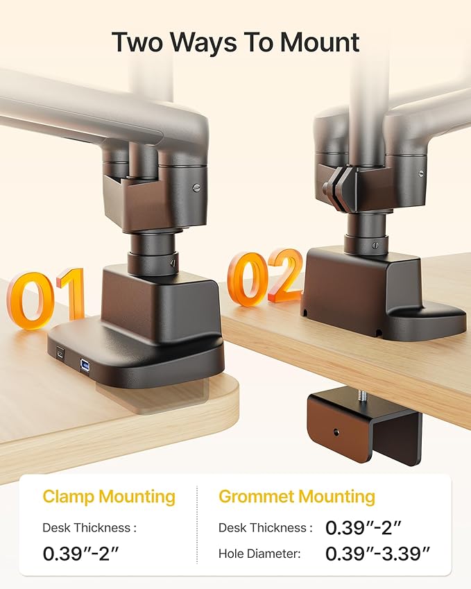 monTEK Dual Tall Monitor Arm with USB, Mechanical Spring Monitor Arm for 17-35" Screens, Adjustable Monitors Desk Mount Each Holds up to 24.2 lbs with C Clamp/Grommet, VESA 75/100mm, MA1011UCPBK-D