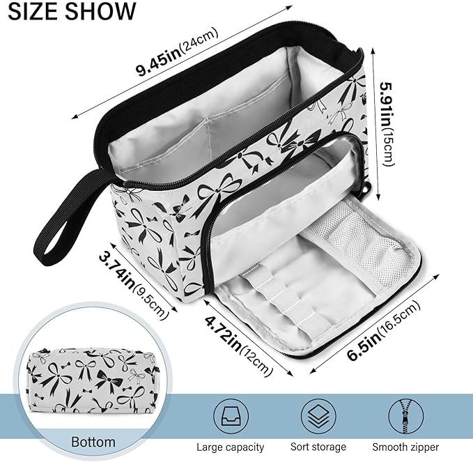 Bow Gray Pencil Case Pouch Big Capacity Pencil Bag Box Organizer Pen Case with Zipper Pencil Cases for Girls Boys Women School College Office