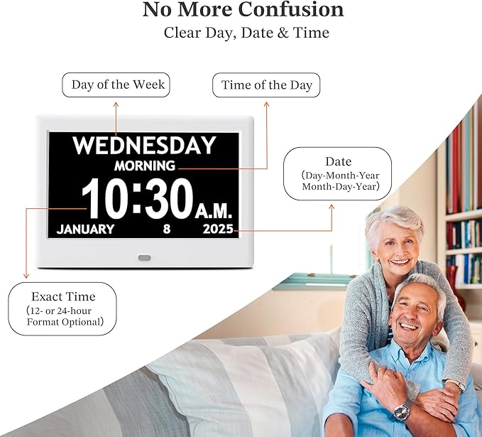 2025 NEW, Digital Clocks, 7'' Dementia Clock with Date and Time for Elderly, Auto-Dimming, 12 Reminders & 6 Alarms, Button & Remote Control, Auto DST, Digital Calendar for Seniors Large Display