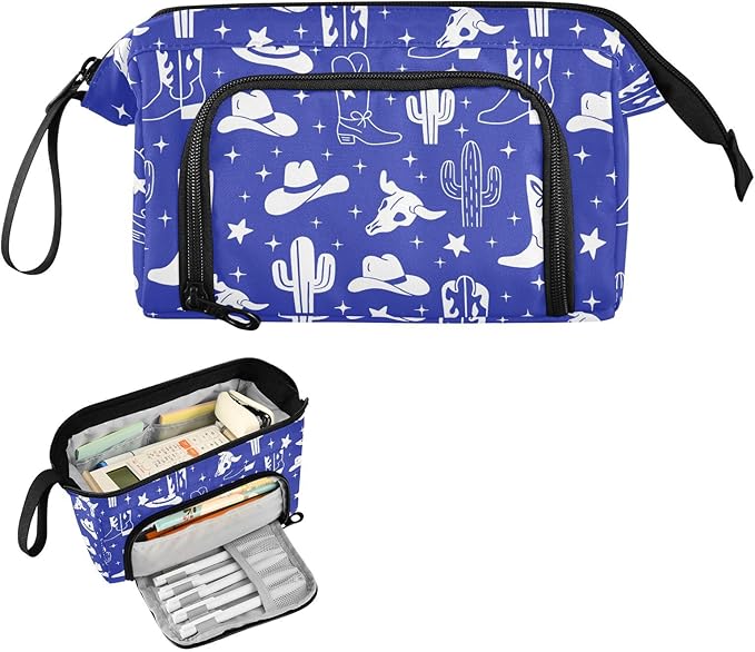 Western Cowboy Blue Pencil Case Pouch Big Capacity Pencil Bag Box Organizer Pen Case with Handle Pencil Cases for Girls Boys Women Kids Adults School