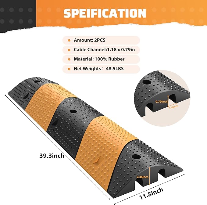 Rengue Rubber Speed Bumps 2-Pack 39.3'' Black Yellow Dual-Channel Driveway Protector for Wires Pipes, 66000 LB Heavy Duty Traffic Calmer for Road Gravel Installation