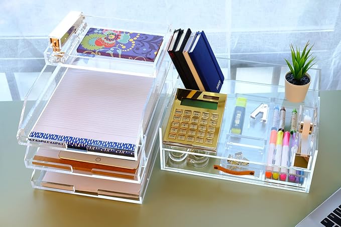 Clear Acrylic Desk Organizer for Office or Home Desk Drawer Dividers, Makeup Vanity Storage Bins, Stackable 4-Pack, Acrylic Accessory and Half Accessory Tray/Small Tray