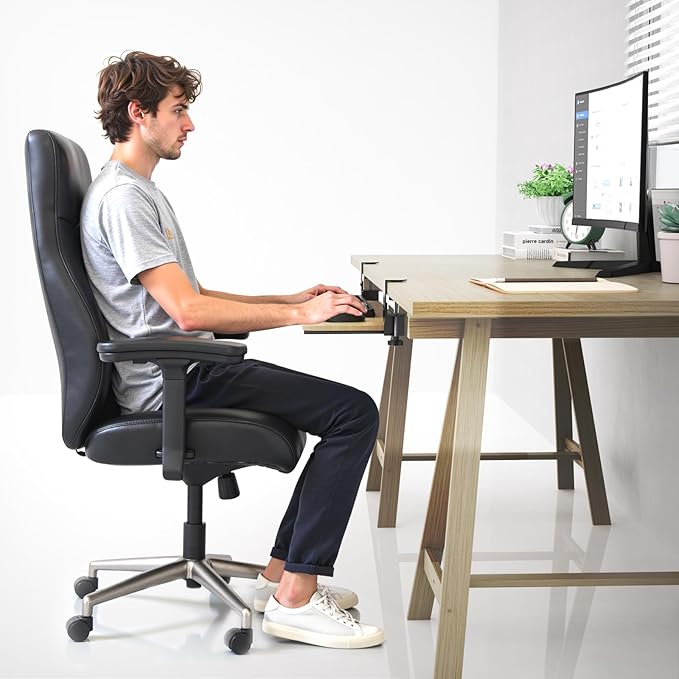 Large Keyboard Tray Under Desk Pull Out with Adjustable C-Clamp, Ergonomic Slide-Out Computer Keyboard and Mouse Platform Drawer for Office and Home Typing (Light Wood)