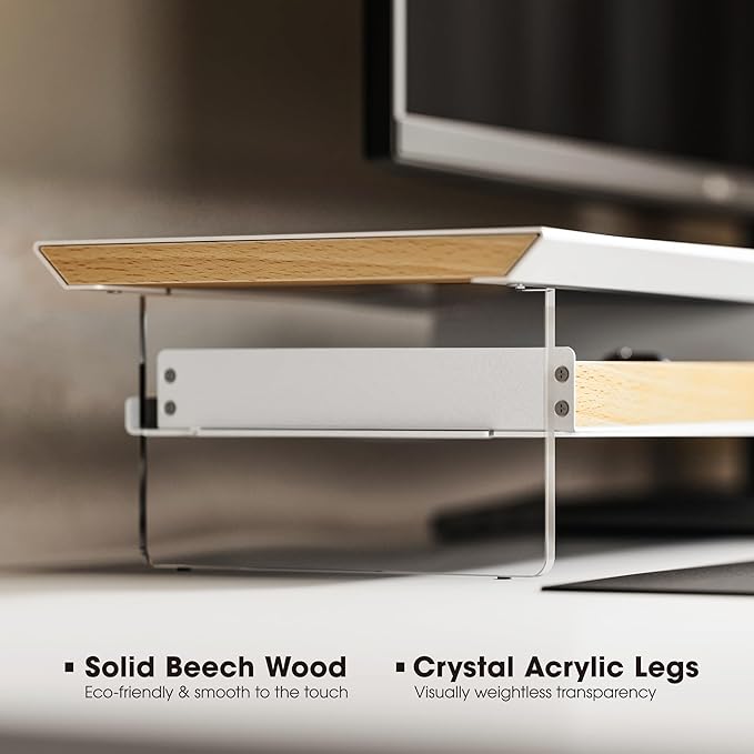 Fenge Dual Monitor Stand with Drawer, 42.5 Inch Large Monitor Riser with Acrylic Legs Supports, Computer Stand for Desk, 2 Tier Wood Desk Shelf with Storage Organizer for PC, Laptop, Printer, TV