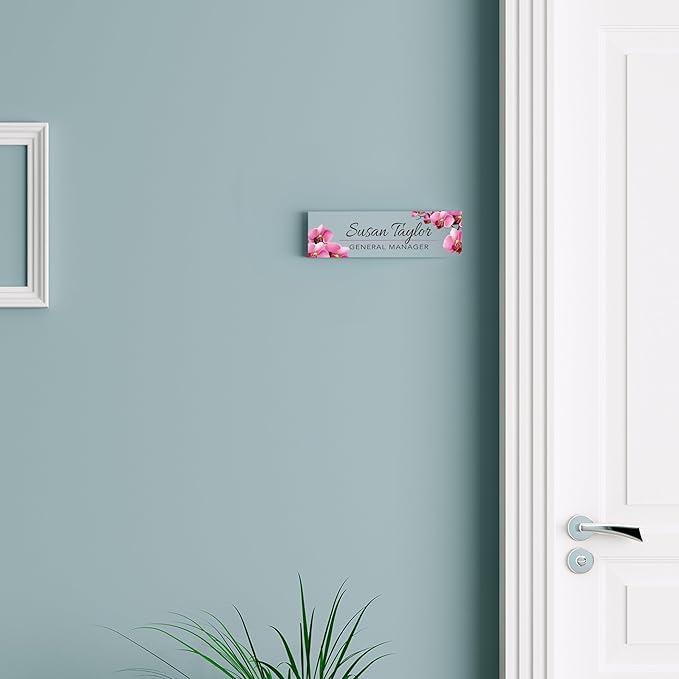 Artblox Office Personalized Name Plate for Desk with Business Card Holder On Clear Acrylic Glass Orchids Flowers Design Custom Desk Name Plate with Your Name and Credentials Customized Gift