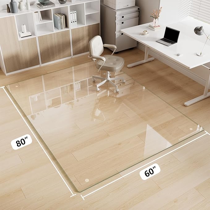 FlyEcho Glass Chair Mat 60" x 80" Heavy Duty Tempered Glass Mat, Office Glass Floor Mat with Polished Edge and Round Corner for Smooth Glide, Carpet Hardwood Floor Protector