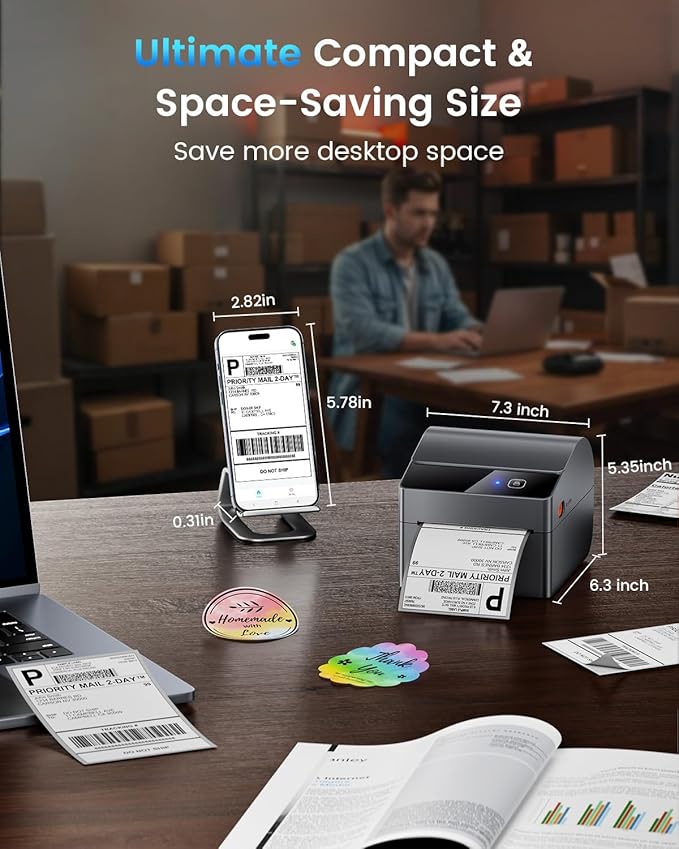 ASprink Bluetooth Shipping Label Printer 4x6, 2025 Upgraded Thermal Label Printer with Built-in Paper Bin, Thermal Printers for Small Business & Shipping Packages, Compatible with Amazon, Tiktok, USPS