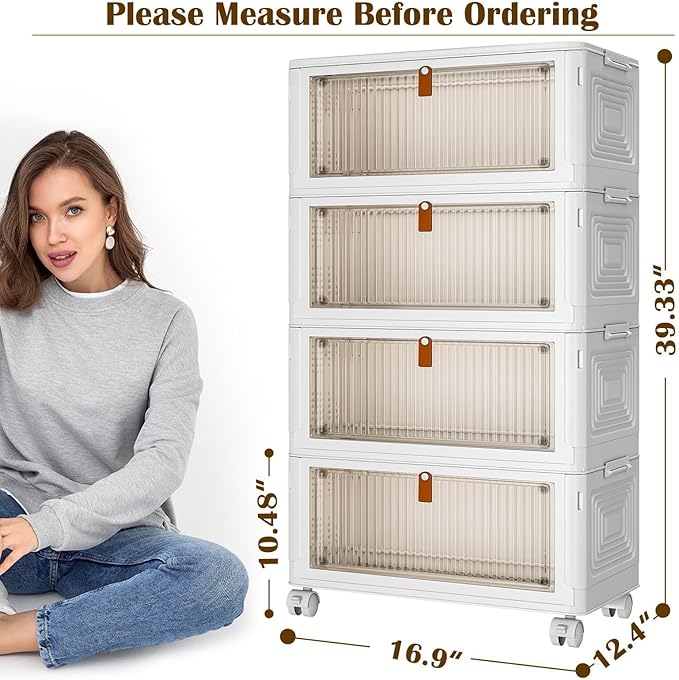 4 Tier Plastic Storage Bins with Lid 35QT, Stackable Storage Containers with Wheels, Folding Boxes, Collapsible Bins, Closet Organizers and for Living Room,Office,Dorm