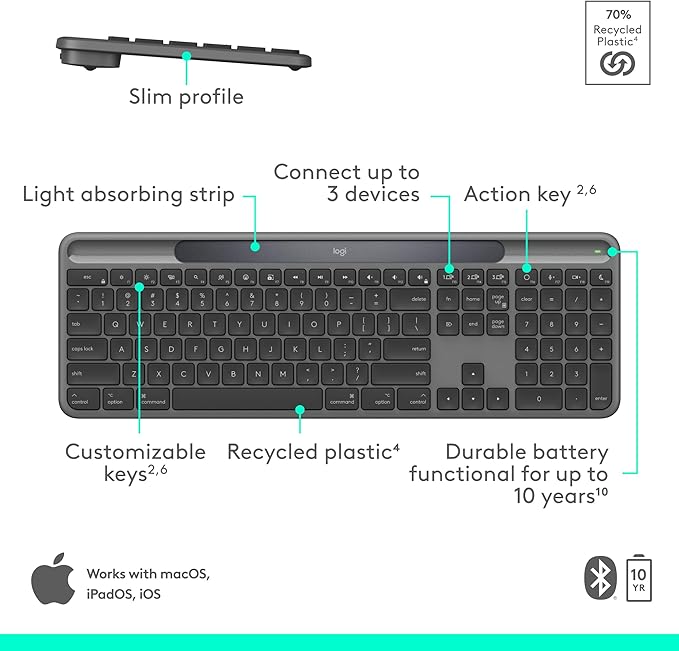 Logitech Signature Slim Solar+ Wireless Bluetooth Keyboard K980 for Mac, Solar and Artificial Light Powered, Up to 10 Years Battery Life, Customizable Keys - Graphite