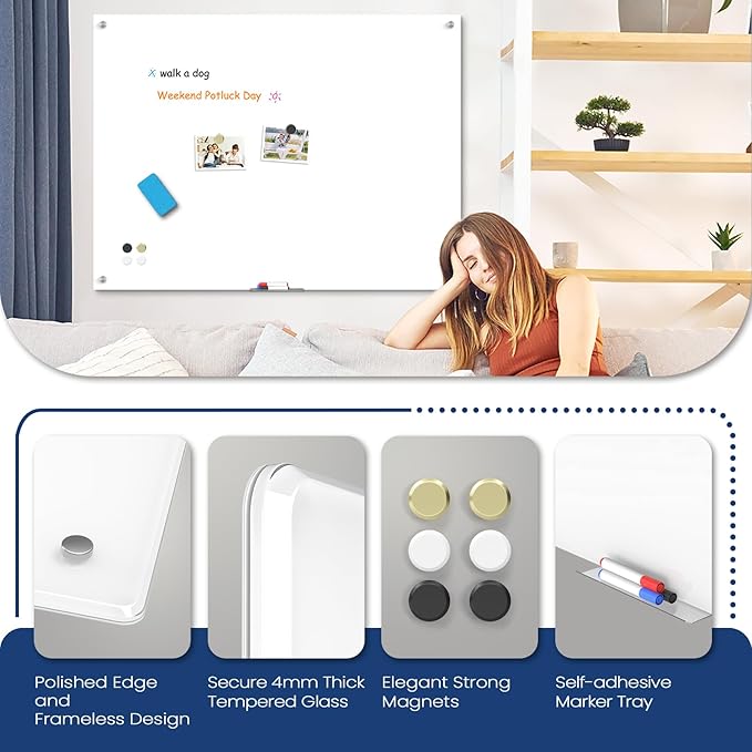 Large Glass Whiteboard, Enhanced Magnetism Glass Dry Erase Board for Wall, 48" x 36" Pure White Tempered Glass Board, 4' x 3' Big White Board for Home, Office, School