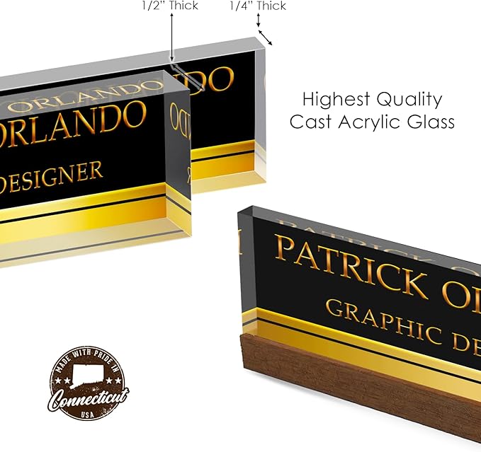 Artblox Personalized Office Desk Name Plate With Business Card Holder | Clear Acrylic Glass with Teak Wood Stand | Black Gold Stripe Design Customized with Your Name and Credentials Office Desk Décor