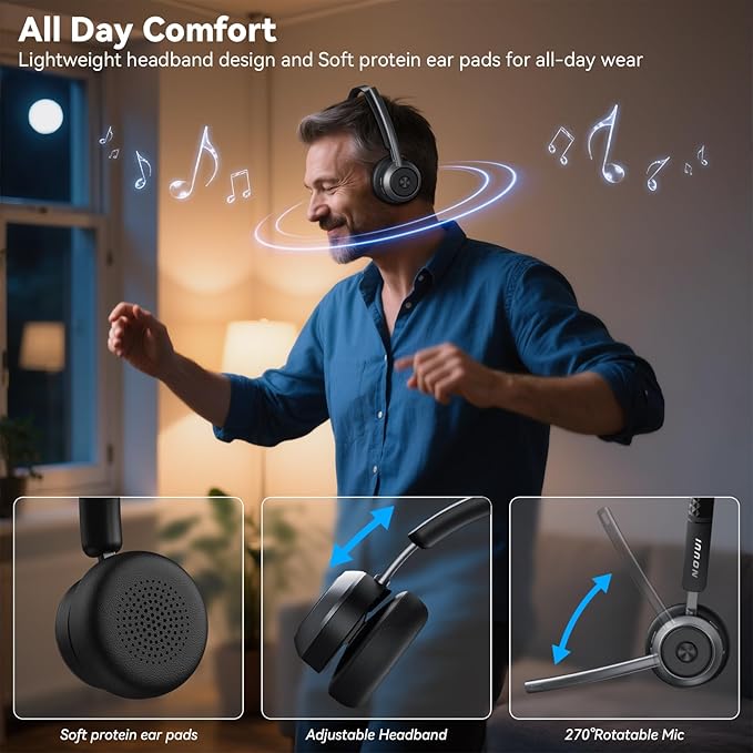 Wireless Headset with Mic for Work, Wireless Headphones with Mic(Noise Cancelling), Bluetooth Headset with Microphone, Mute Button & Charge Base for Work from Home/PC/Call Center/Computer/Zooms/Teams