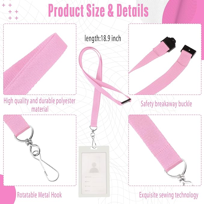 Patelai 60 Pcs Breakaway Lanyards with J Hook Bulk Flat for ID Badges Neck Badge Lanyards Card Nametag Holder Neck Straps (Pink)