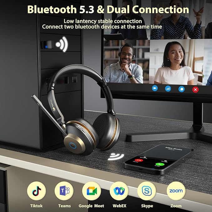 Earbay Wireless Headset, Bluetooth Headphones with Microphone Noise Canceling & USB Dongle, 50hrs Talk Time Headset with Mic Mute & Charging Dock for PC Computer Phone Teams Office Remote Work Call