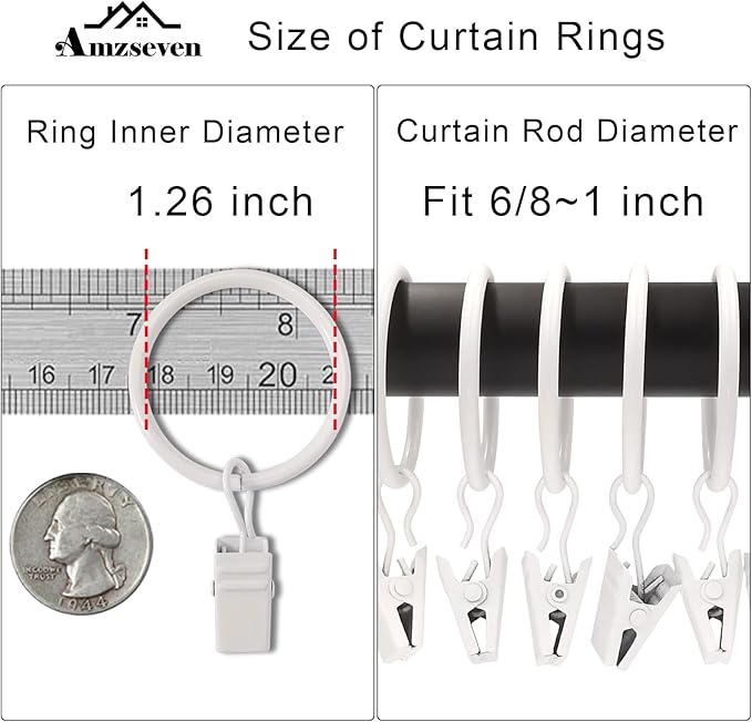 AMZSEVEN 40 Pack Curtain Rings with Clips, Drapery Clips with Rings, Drapes Rings 1.26 in Interior Diameter, Fits up to 1 in Curtain Rod, White