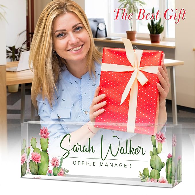 Custom Name Plate for Desk - Desk Name Plate Personalized - Office Desk Accessories - Employee Teacher Appreciation Gifts for Coworkers - Acrylic Cactus Office Desk Decor - Office Gifts for Women Men