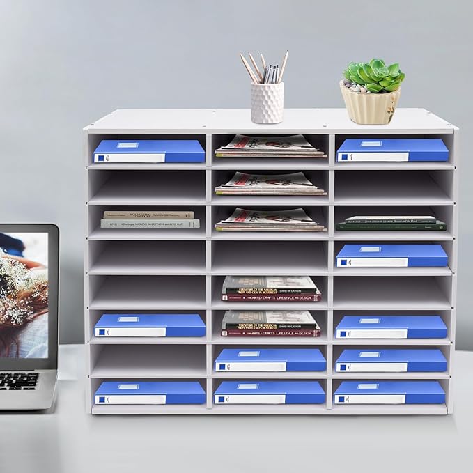 24 Slot Paper Organizer 24 Compartment Classroom Mailbox Adjustable Mail Sorter Desktop File Sorter, Paper Trays for Classroom, Office, Home (White)