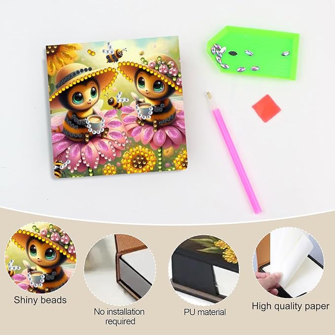 Bee Diamond Painting Note Box Memo Pad Holder, Diamond Art Sticky Notes Organizer for Desk, Aesthetic Stationery Storage Case for Office,School Supplies (Bee)