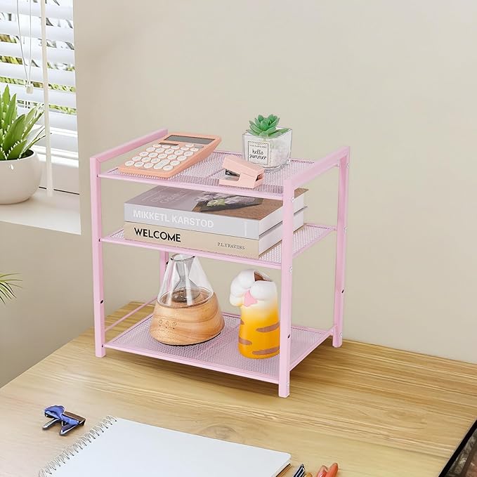 Desktop Shelf Organizer, 3-Tier Office Storage Rack, Adjustable Metal Bookshelf for Top of Desk, Pink Desk Organizer for Office, Home, Dorm and Small Spaces (Pink)