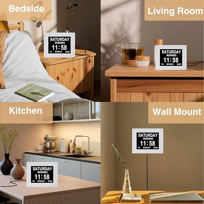 8 Inch Dementia Clock for Seniors - Extra Large Display Digital Day & Date Clock with 5 Alarms + 3 Medication Reminders, Auto-Dimmable - White Wall Clock for Elderly Bedroom