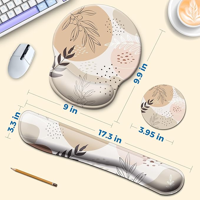Mouse Pad and Keyboard Wrist Rest Support, with Non-Slip PU Base,Gel Mouse Pad with Coaster,Pain Relief for Gaming, Computer,Office -Boho Leaves