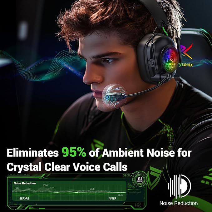 Wireless Gaming Headset with Noise Canceling Microphone for PC, PS5, PS4, Switch, Mac, 2.4 GHz Wireless & Bluetooth 5.4 Gaming Headphones, Cool RGB Lighting, 50Hr Battery, 50mm Drivers(Black)