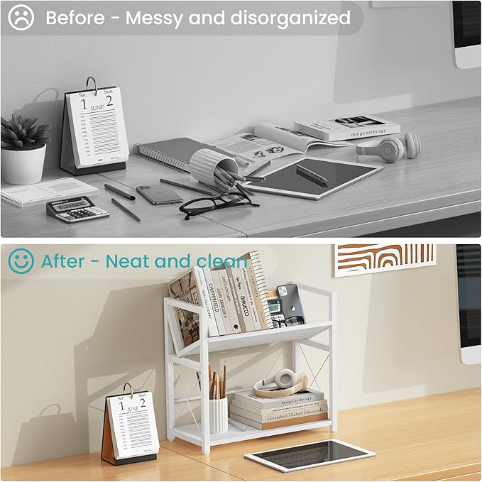 ELITEROO Desktop Bookshelf Organizer, 2 Tier Wood Desk Shelf for Tabletop Storage, Small Book Rack for Office, Home, or Study, Mini Bookcase for Book Display, Decor, and Supplies, White