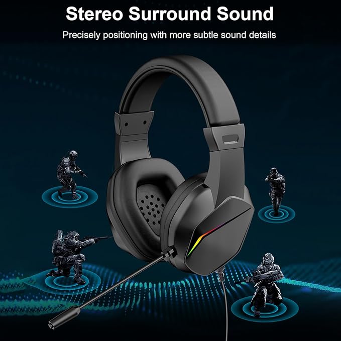 ciciglow USB Gaming Headset, Wired Gaming Headset with LED Light, Over Ear Headphones with Noise Cancelling Mic, 40mm Driver for PC Laptop, Comfortable Durable Design (OY733USB)
