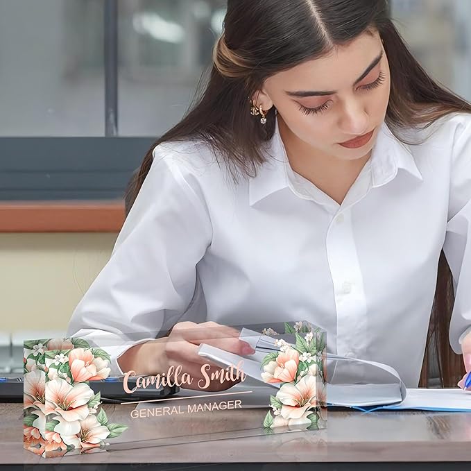 Personalized Name Plate for Desk, Custom Acrylic Desk Name Sign, Office Appreciation Gifts for Women Men Coworkers Boss Teacher Employee (Flower-Lily)
