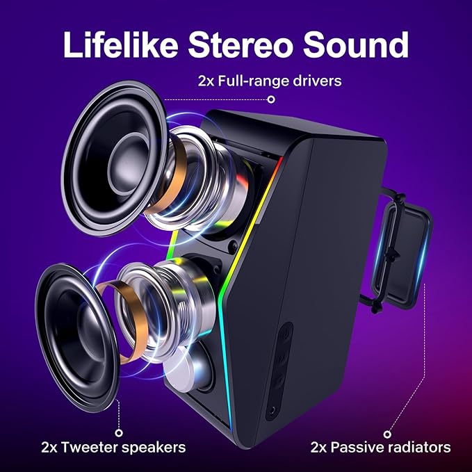Nylavee Computer Speakers, Bluetooth 5.0 Hi-Fi Stereo PC Speakers, 4 Dynamic Lighting Modes, AC Adapter Powered and 3.5mm AUX-in Computer Speakers for Desktop PC, Monitor, Laptop, Tablet, Phone