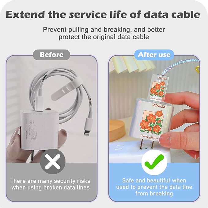 Lovely DIY Cable Protector for iPhone Adapter Charger,Cute Orange Daisy Flowers Design Transparent Data Line Cable Case, Phone Charging Protector for Apple Charger Cover